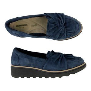 Clarks Sharon Dasher Bow Blue Suede Cushion Loafer Shoes Women's Size 8W